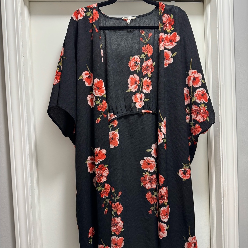 Maurices Black Sheer Cardigan with Red Floral Design